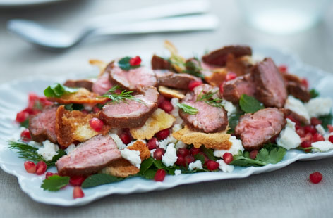 A decadent salad for four lucky people. Fresh herbs, juicy pomegranate seeds, and creamy, salty feta form the base of this luxurious dish with crispy oven-baked pitta and tender, succulent lamb. The perfect dish for a springtime lunch.