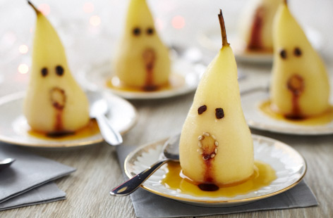 These poached pear ghosts are cooked in apple juice and cinnamon, while pomegranate is simmered to make the 'blood'. The kids will love helping making these – it's all topped off with blueberries and currants for the eyes and sunflower seeds for the teeth.
