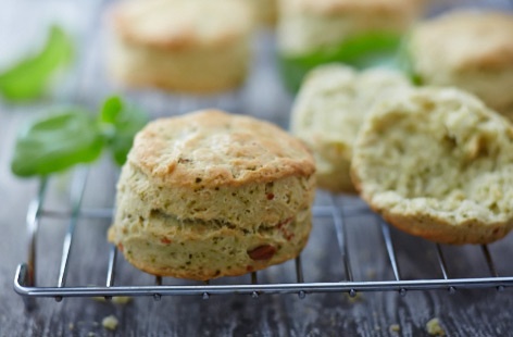 A lovely savoury twist on the traditional scone, these pesto-laden scones would make a fine addition to any staid afternoon tea. We'd recommended eating them when they're warm and fresh out the oven. No cream or jam necessary.