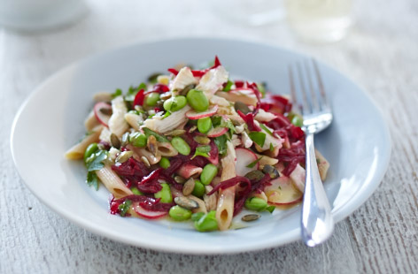 This super salad lives up to its name. Loaded with tender chicken, earthy beetroot, peppery radishes and crunchy pumpkin seeds, it is one flavour-packed lunch.