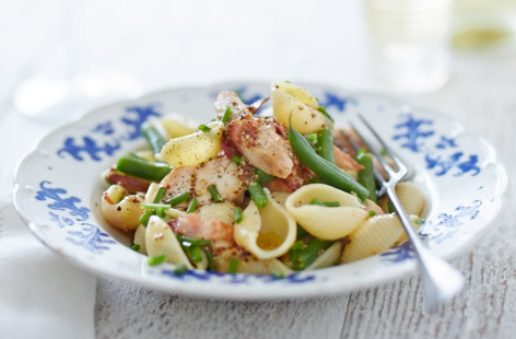 Speedy pasta recipes are the cornerstone of easy midweek cooking. This simple pasta salad recipe makes the most out of storecupboard staples, with a wholegrain mustard and white wine vinegar dressing that pairs beautifully with chicken, bacon and chives.