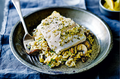 Mild, slightly sweet hake fillets are elevated beautifully by the gorgeous flavours in this super fish supper. Served with a healthy portion of mushroom and leek risotto, this wonderful fish is simply fried until golden