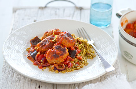 This North African influenced stew uses a wonderful mix of strong flavours. There's sausage, aubergine, garlic, lemon – and a little bit of harissa, too. Bulgar wheat and lentils are a great alternative to pasta or rice.