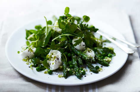 Make the most of glorious spring asparagus and peas alongside peppery watercress, rocket, spinach and creamy mozzarella. Just blanch the asparagus and peas, add the salad and mozzarella and finish with fresh mint and a glug of olive oil and it's ready.