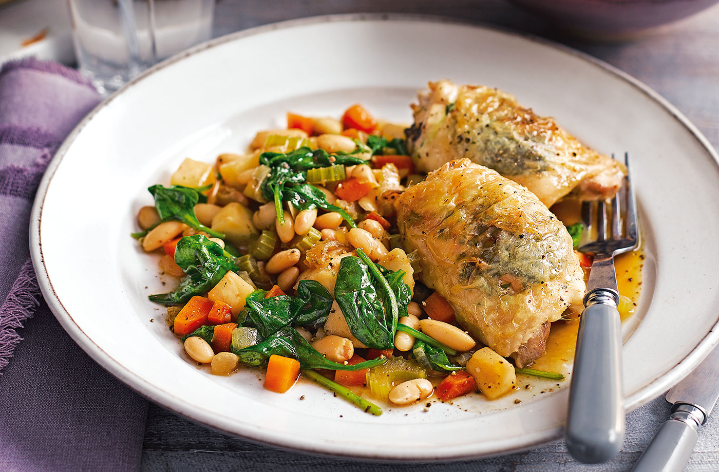 Herby roast chicken with white beans recipe