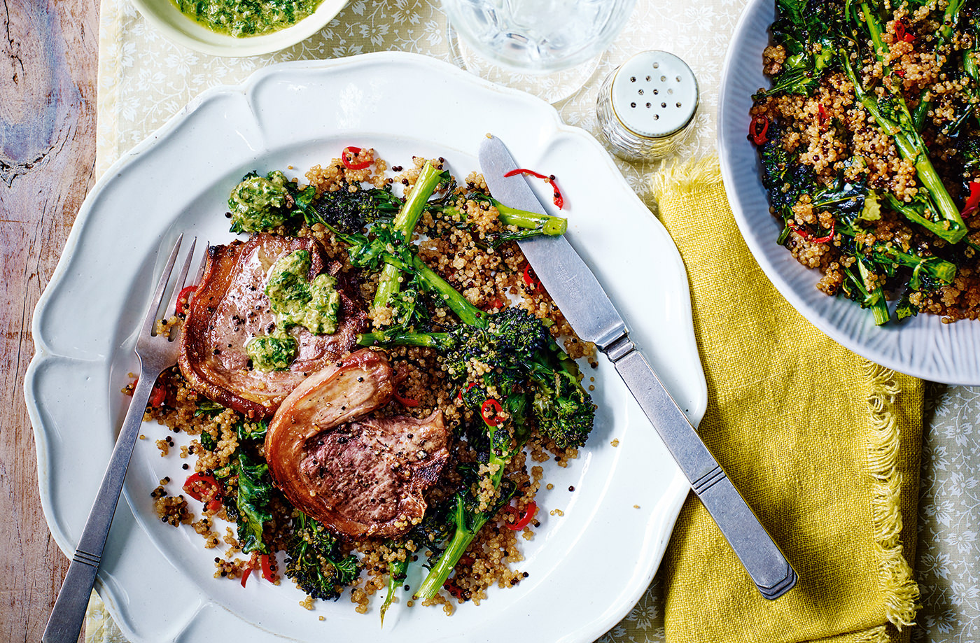 Grilled lamb chops with roasted broccoli, quinoa and salsa verde recipe