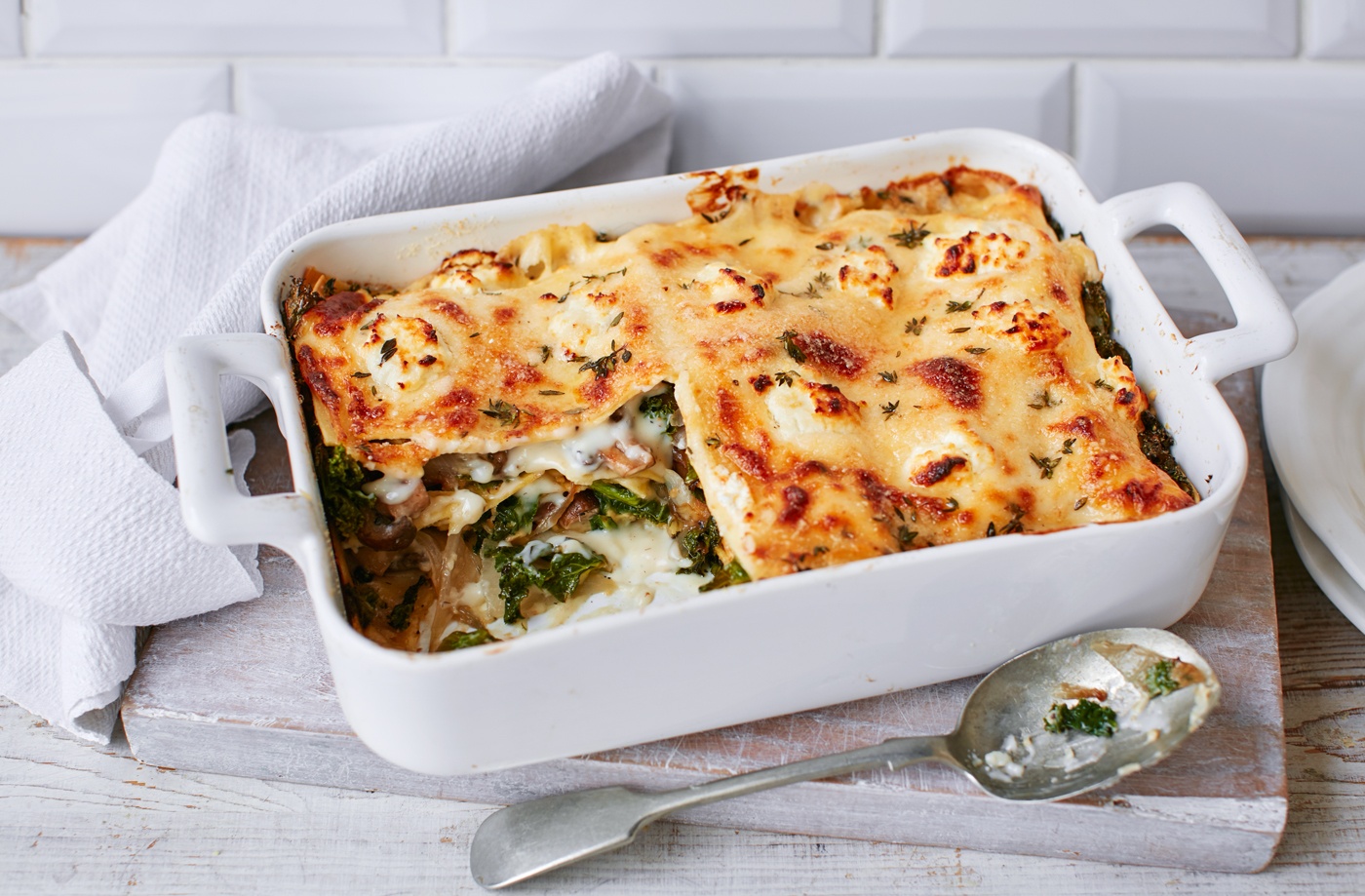 Kale, mushroom and goat's cheese lasagne recipe