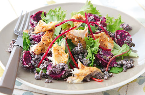A great match of vibrant, earthy beetroot and strong, oily mackerel - this tasty salad uses a horseradish-spiced crème fraîche dressing and crispy, fresh salad leaves for the perfect quick and easy gluten-free dinner.