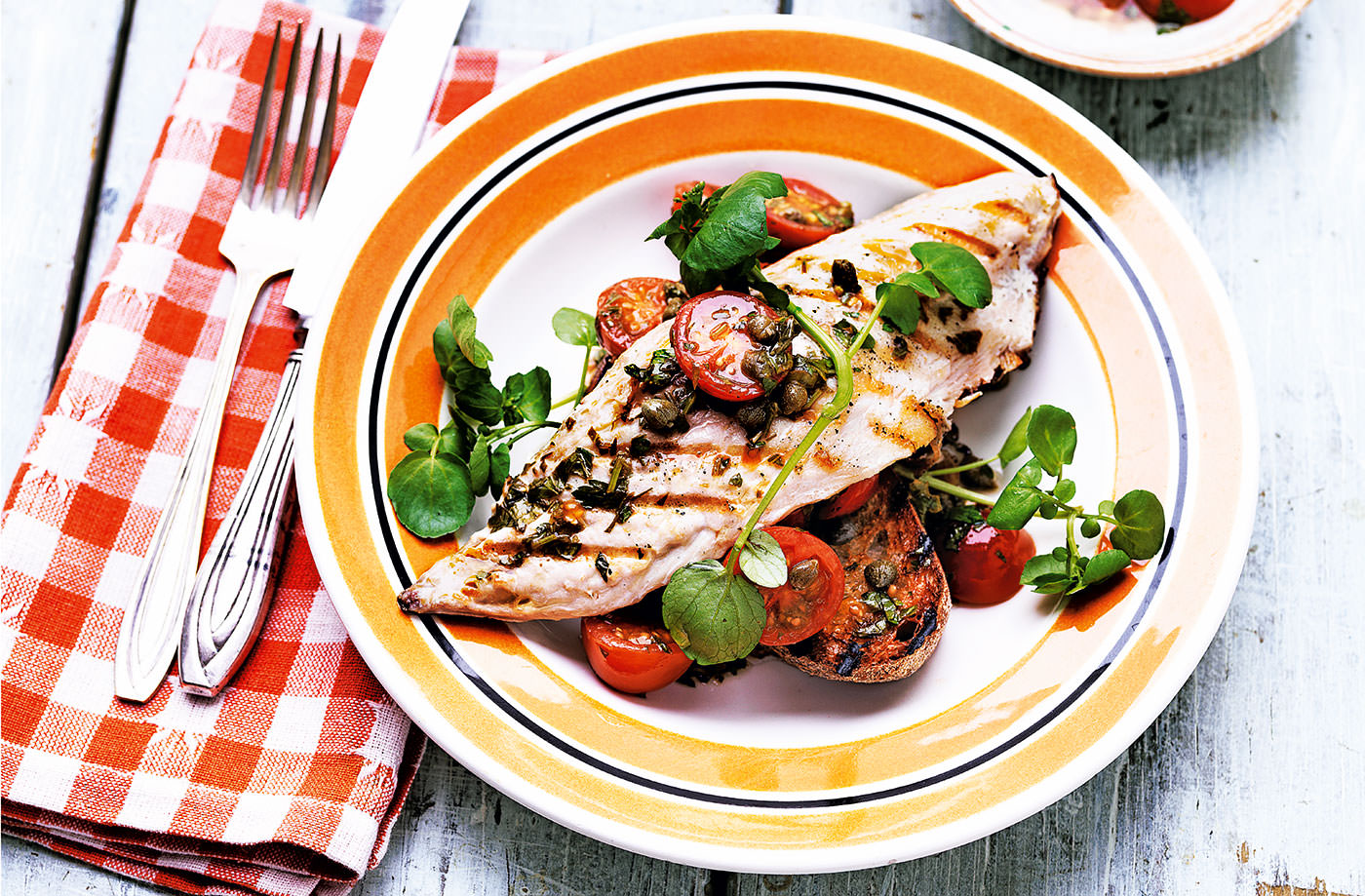 Grilled mackerel and tomatoes on toast recipe