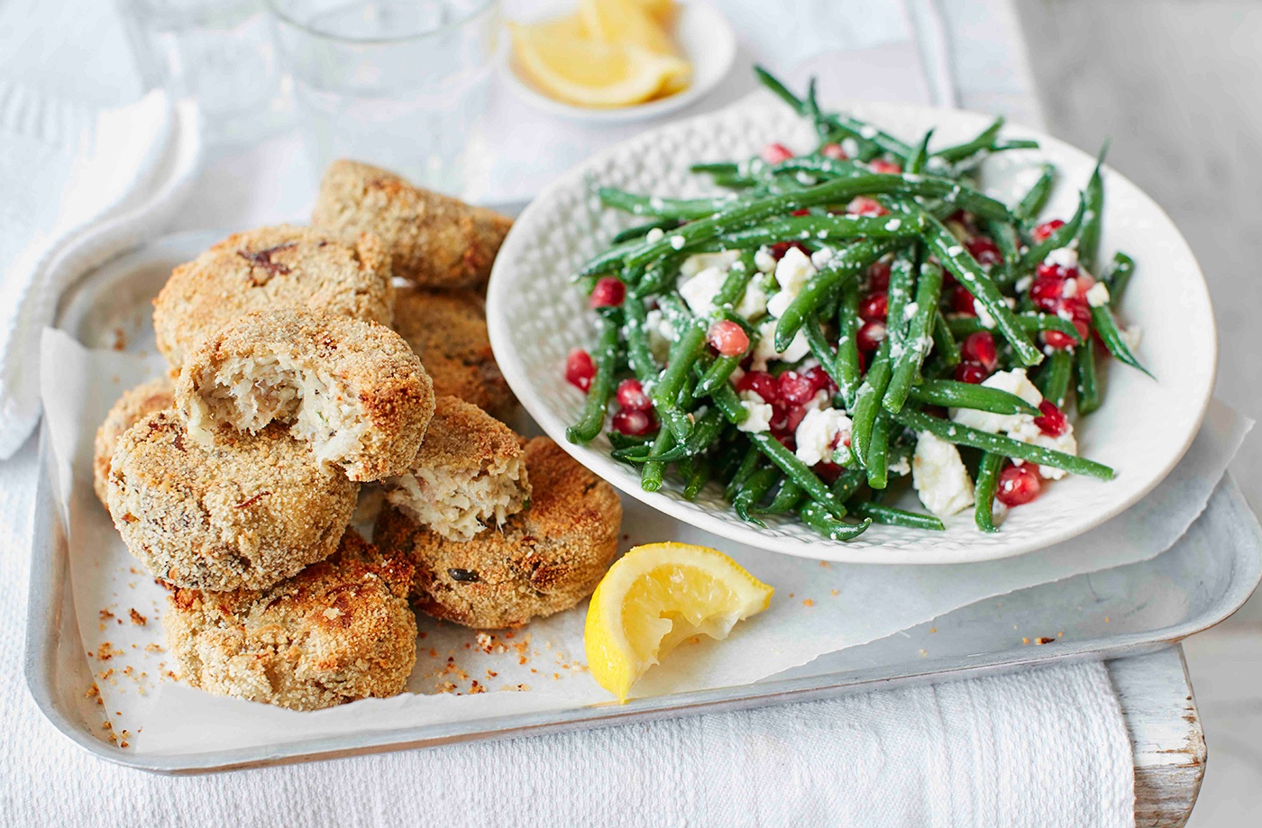 Smoked mackerel fishcakes with green bean and feta salad recipe
