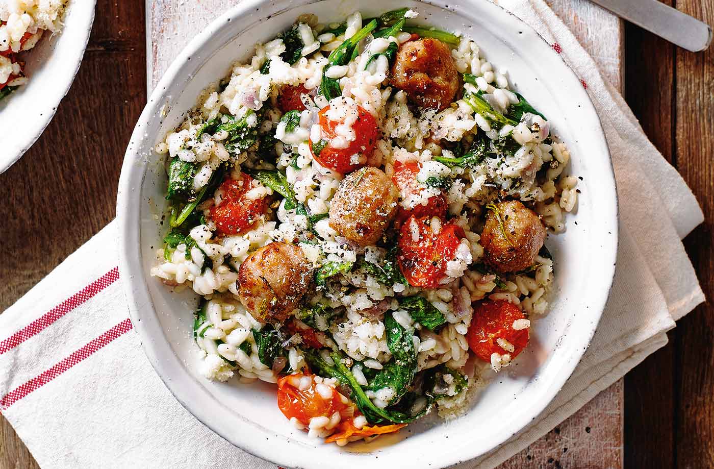 Meatball, spinach and tomato risotto recipe