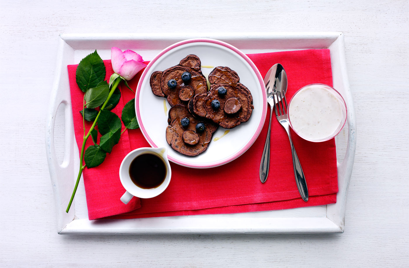 Chocolate mini teddy bear pancakes with berries and syrup recipe
