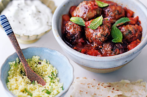 These spicy beef meatballs in a rich coriander and cumin-flavoured tomato sauce are so easy to prepare, and to make in large batches to freeze for a later date. Serve with warm flatbread and fluffy cous cous.