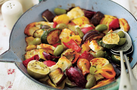 For a meaty spin, add lamb cutlets to the roasting tin with the veg