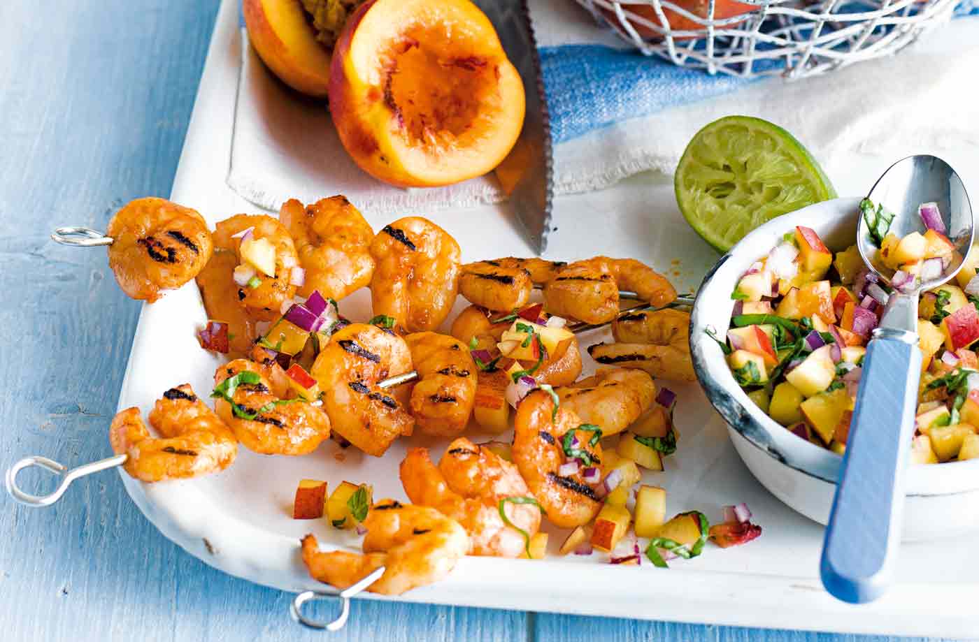 Nectarine and basil salsa with grilled prawns recipe