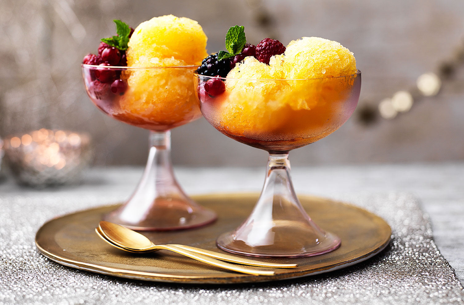 Prosecco and tangerine sorbet with red berries recipe