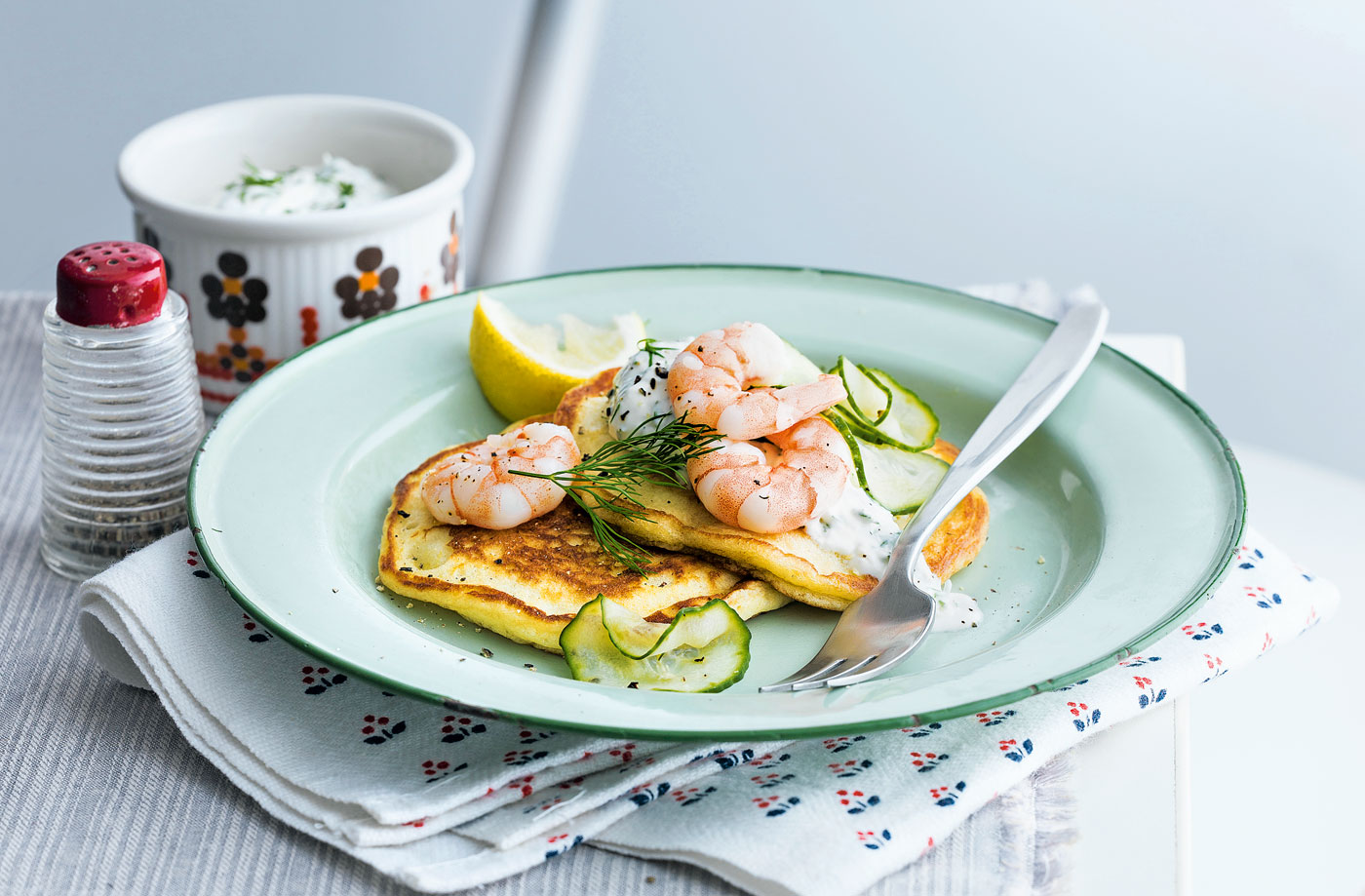 Buttermilk pancakes with prawns and dill recipe