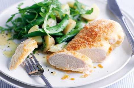 A speedy midweek dinner that takes just minutes to prepare. The parmesan coating perks up a plain chicken breast while the boiled potatoes and sugar snap peas provide a fresh and filling accompainment.