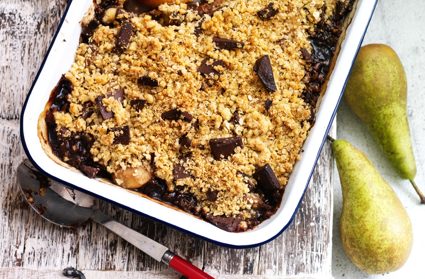 Spiced pear and chocolate crumble recipe