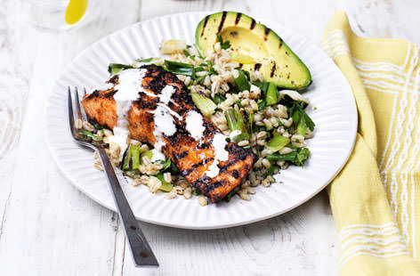 Whether you're having a romantic dinner for two or you simply want to make this just for yourself, this spicy salmon is a great dish to add to your midweek repertoire, marinated with piri piri spices and combined with pearl barley and charred avocado