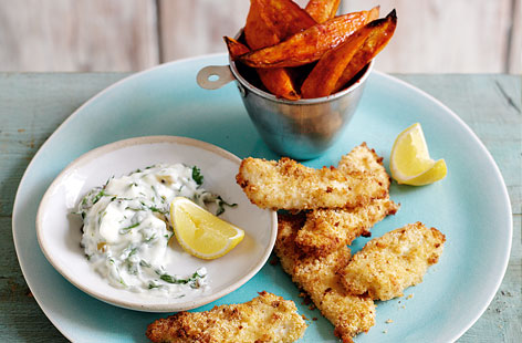Poshed up fish and chips - no deep fat fryer required. This elegant take on the classic British dish is surprisingly easy and will be on your plate in 30 minutes. Served with its own creamy homemade tartare sauce.
