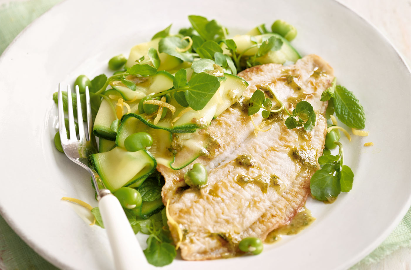 Pan-fried plaice with minty green salad recipe