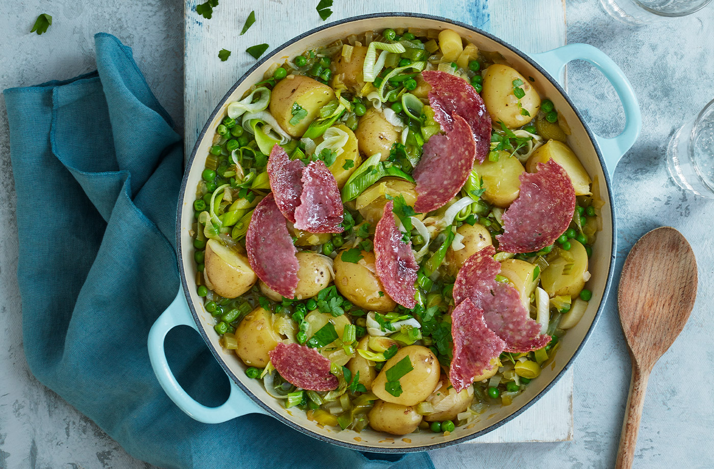 Pea and potato stew with crispy salami recipe