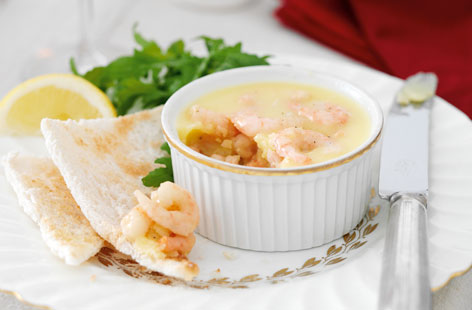 These potted prawns with melba toast will make an impressive starter at your dinner party. Helpfully, they can be prepared hours in advance and kept in the fridge until your guests arrive. Wait until the last minute to make the melba toast to keep it nice and crisp.