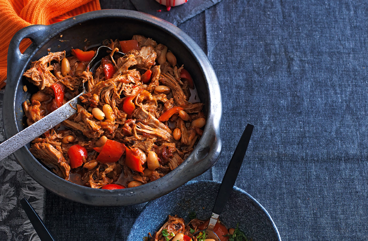 Smoky pulled pork stew with beans, peppers and orange gremolata recipe