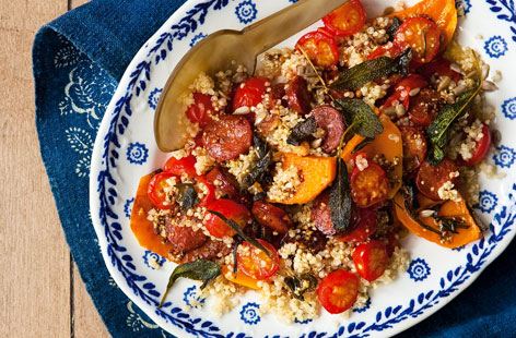 Sweet pumpkin and salty chorizo go tête-à-tête in this delicious salad recipe. Quinoa bulks out the affair while crushed garlic, fresh sage and Tesco Finest piccolo tomatoes deliver on the flavour front. Sprinkle sunflower seeds on top for an added crunch.