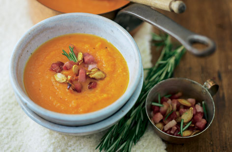 Pumpkin soup with rosemary and bacon recipe
