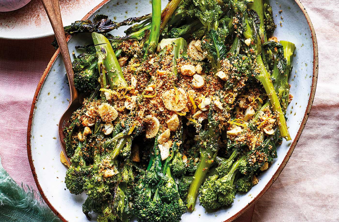 Purple sprouting broccoli with cashew crumbs recipe