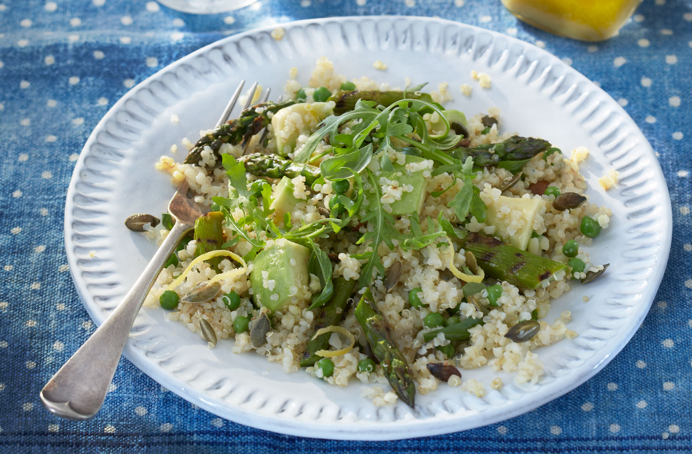 Quinoa with griddled asparagus and peas  recipe