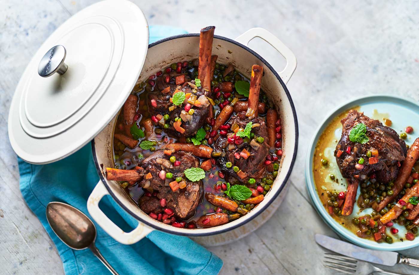 Slow cooked lamb shanks with roasted root vegetables recipe