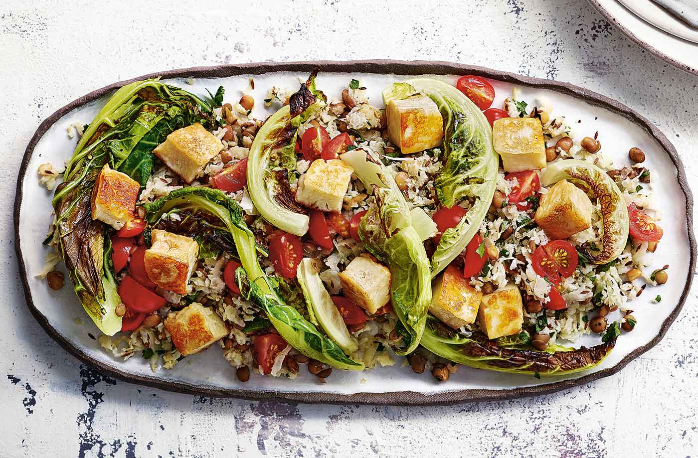 Cauliflower rice and halloumi lentil salad  recipe