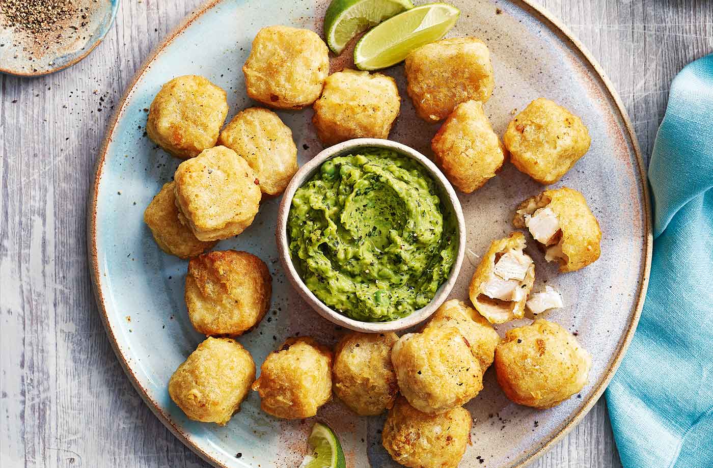 Fish nuggets with avocado and pea dip recipe
