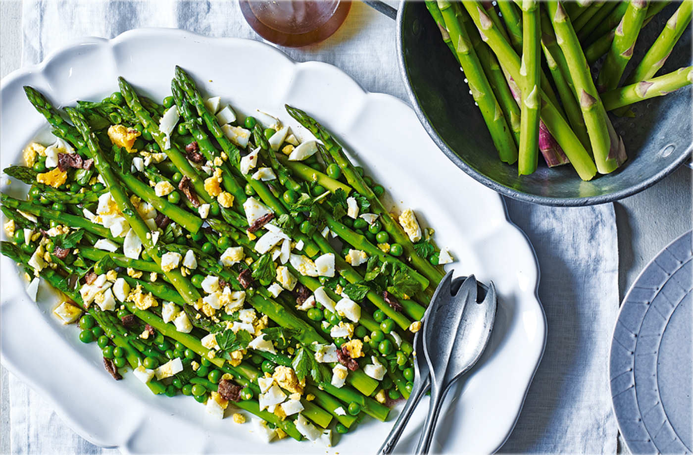 Asparagus and peas with anchovy dressing recipe