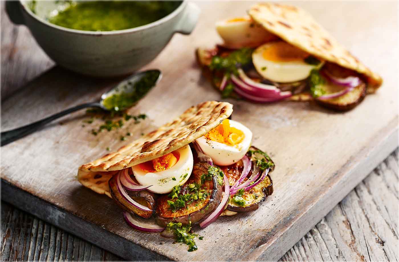 Aubergine, zhoug and egg flatbreads recipe