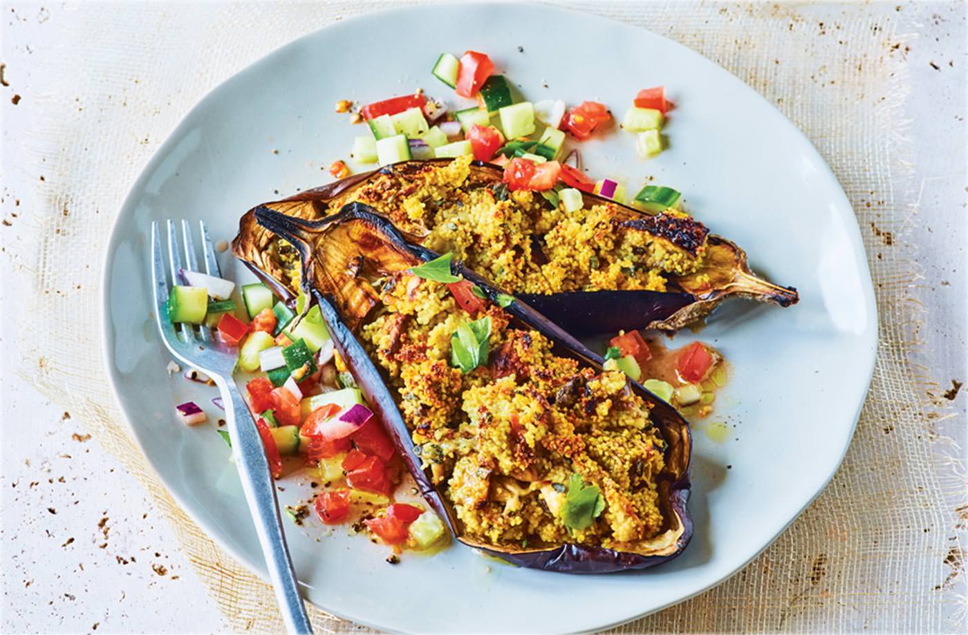 Stuffed aubergines with cucumber and tomato salad  recipe
