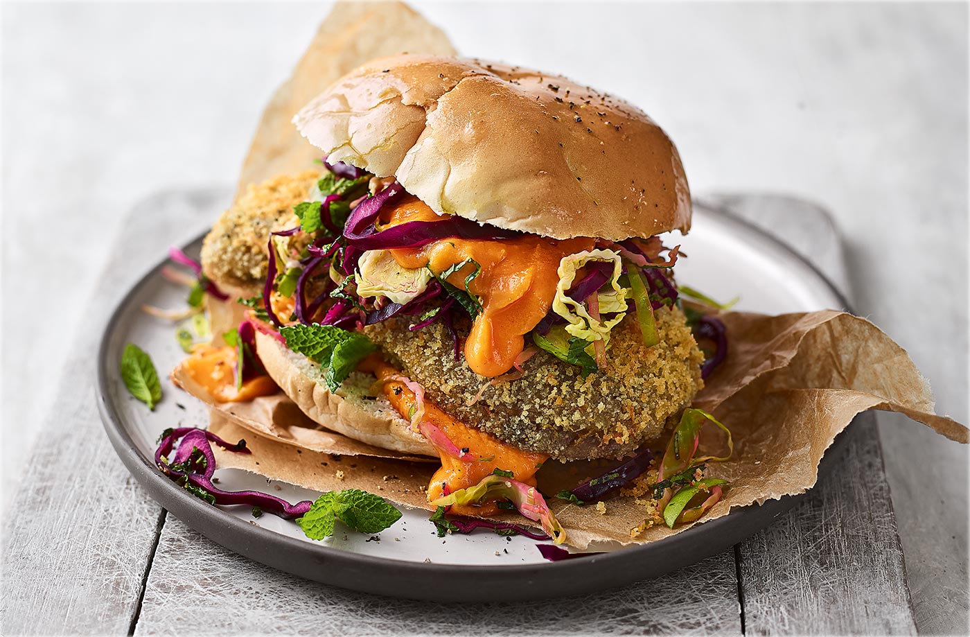 Crispy aubergine sandwich with sprout slaw and sweet potato ‘mayo’ recipe