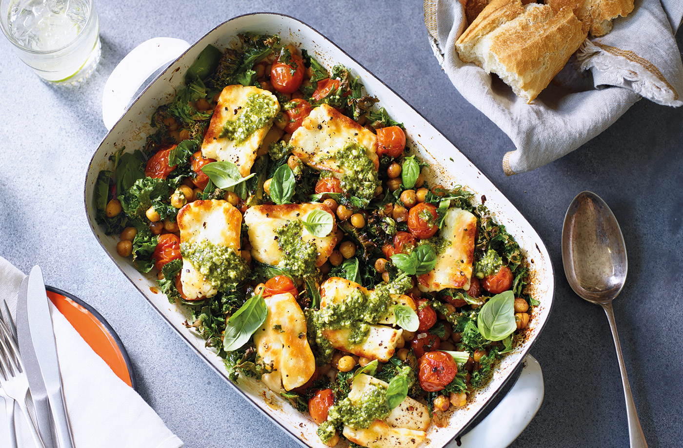 Baked halloumi with chickpeas and greens recipe