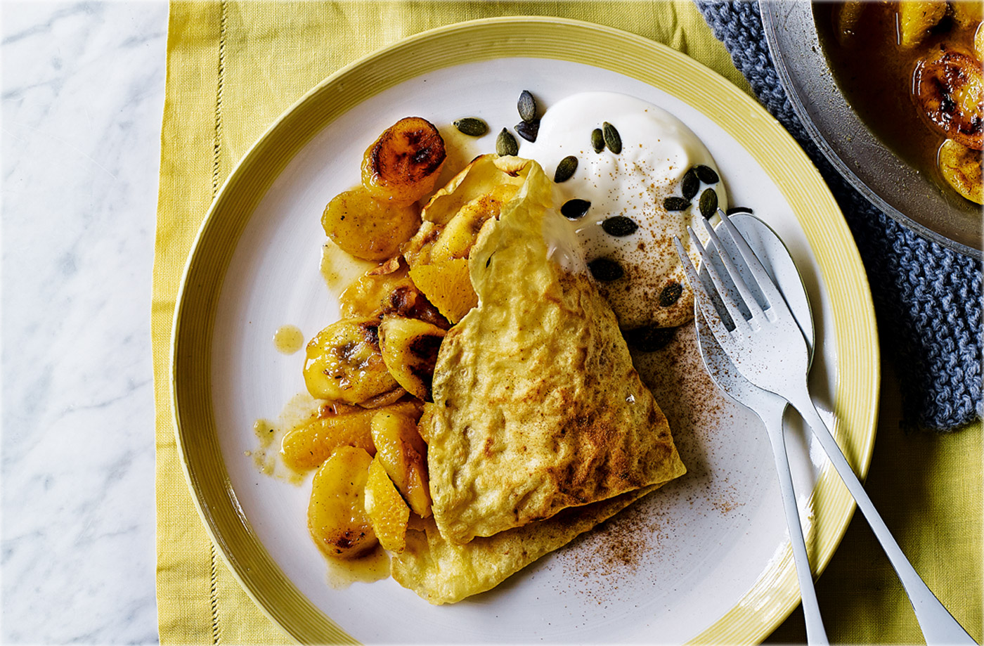 French crêpes with caramelised bananas and oranges recipe