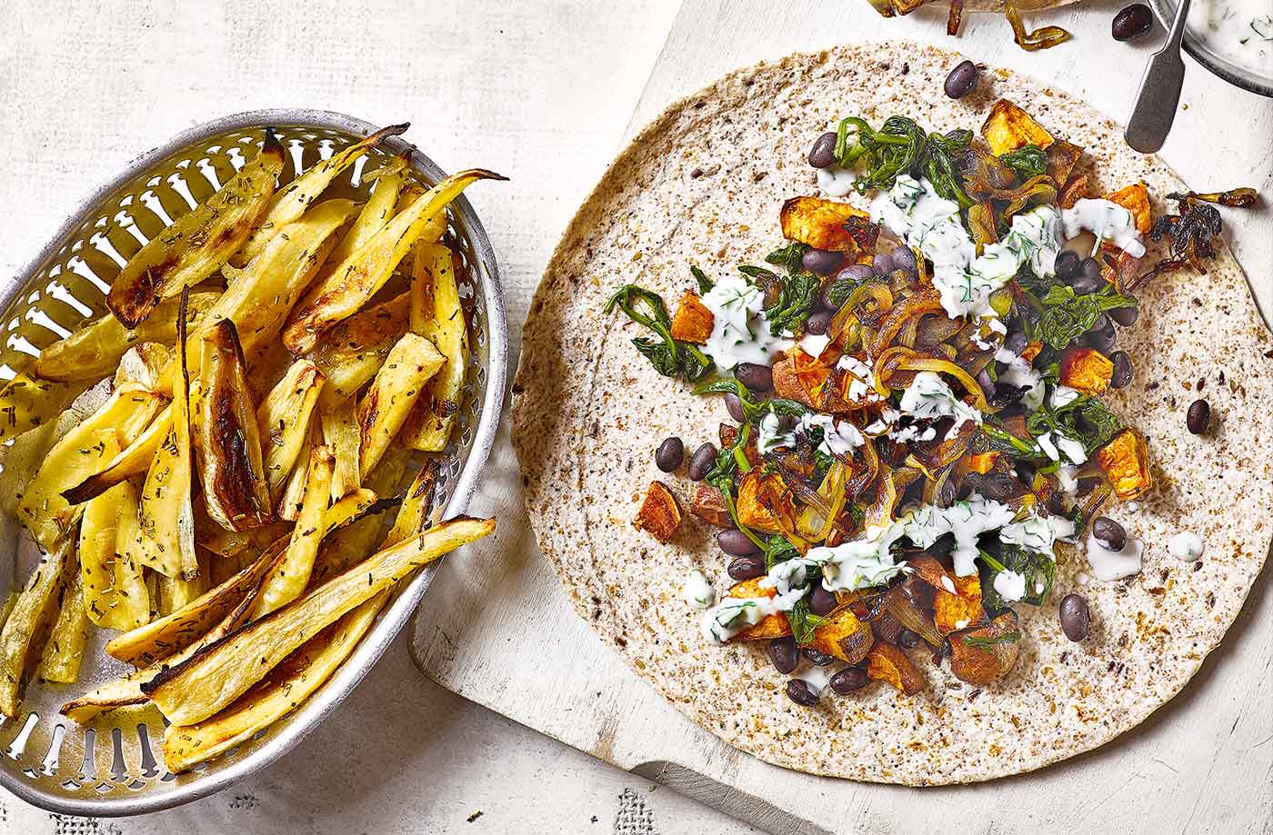 Black bean and sweet potato wraps with parsnip chips recipe