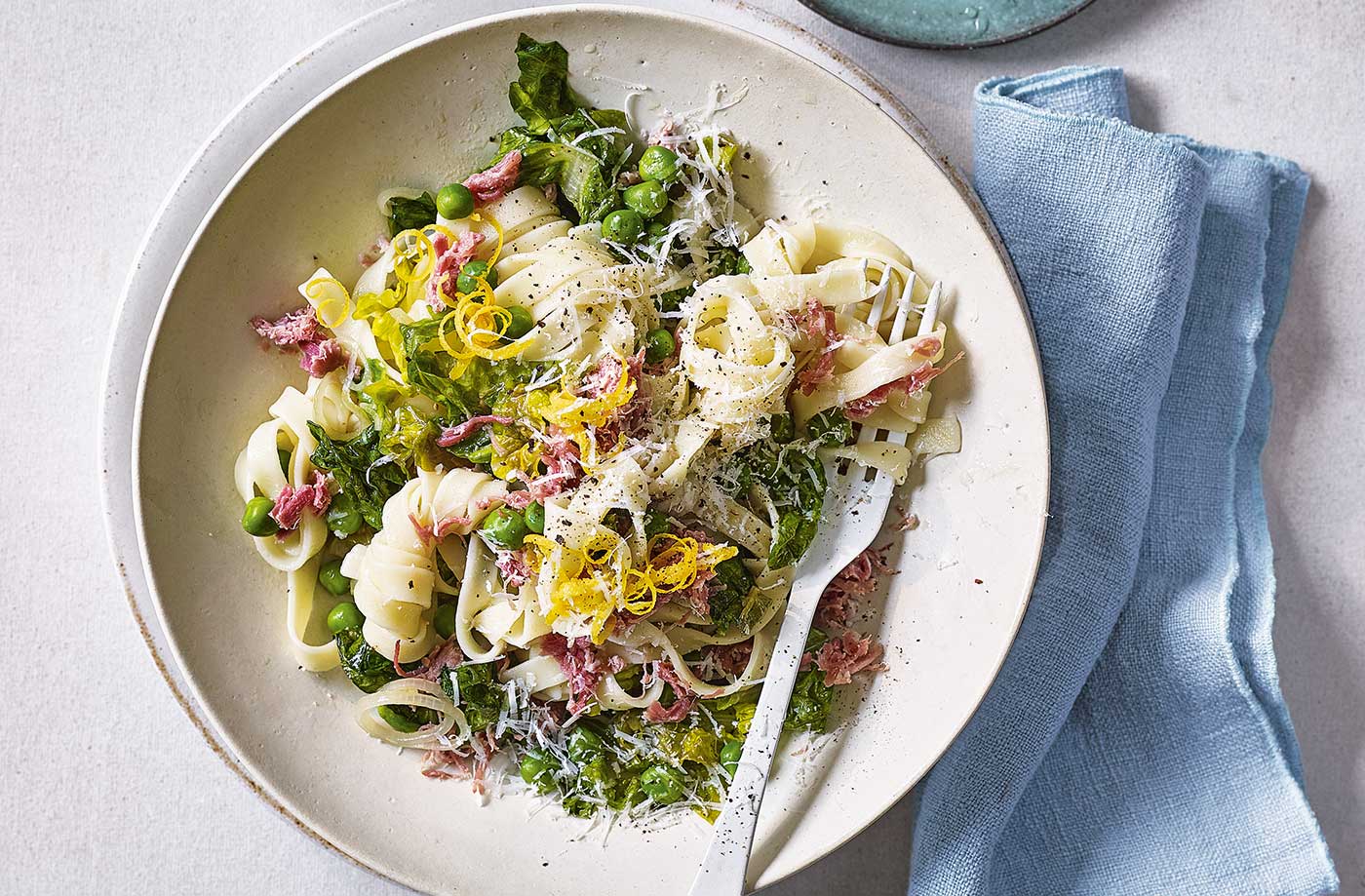 Braised pea, lettuce and ham tagliatelle recipe