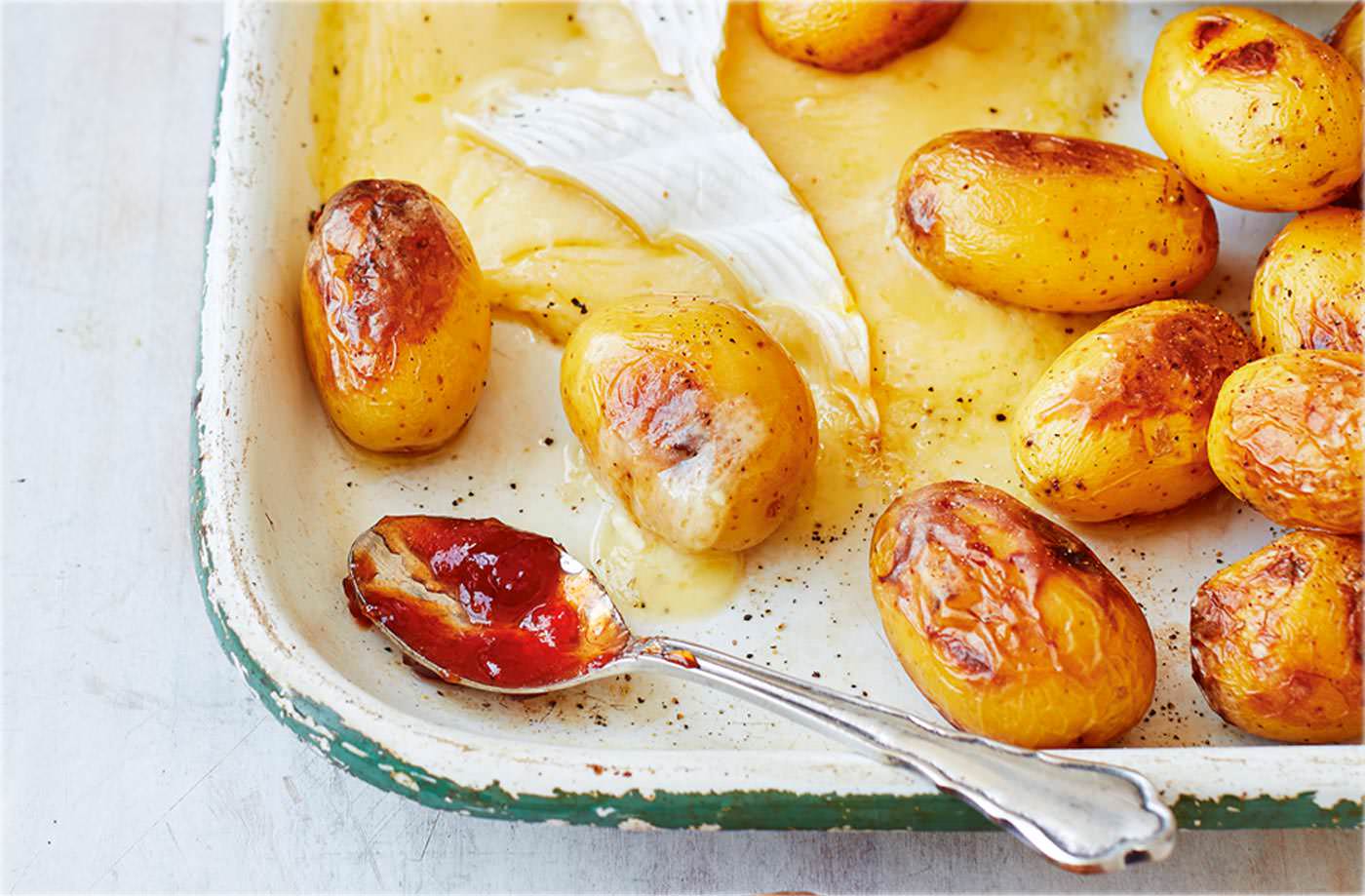 Baked Cornish potatoes and Brie with pickles recipe