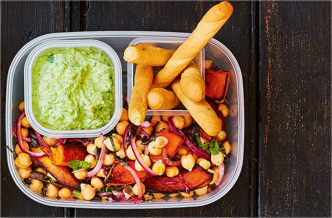 Butternut salad with pea and goat’s cheese dip recipe