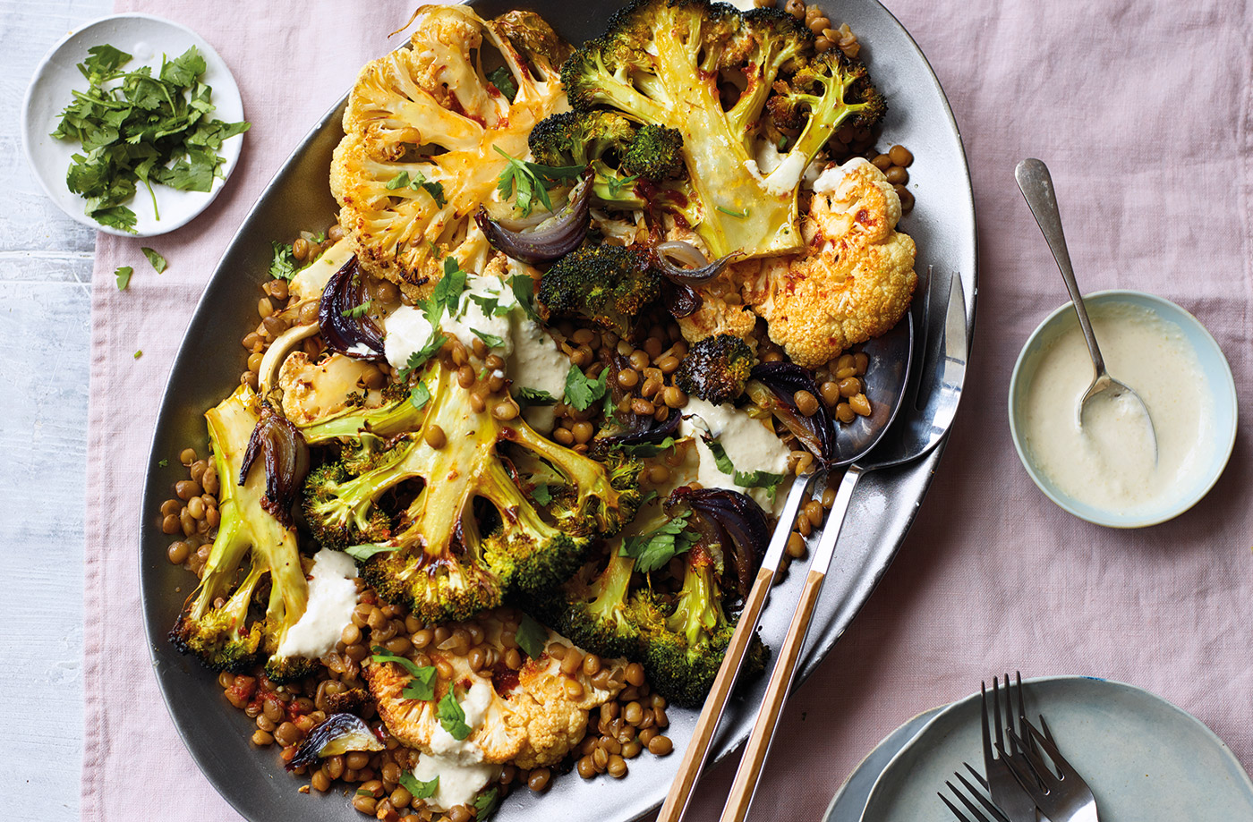 Roasted broccoli and cauliflower with harissa lentils recipe