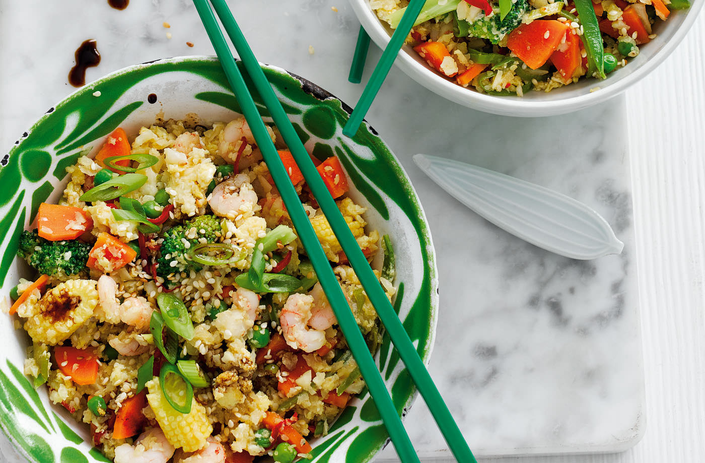 Egg-fried cauliflower rice with prawns recipe