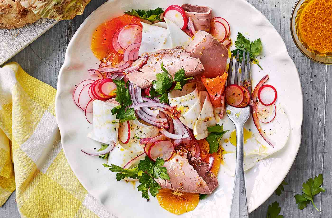 Celeriac, orange and roast beef salad recipe