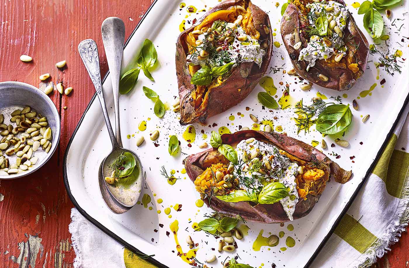 Charred sweet potatoes with tahini yogurt recipe